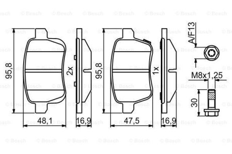 Колодки гальмівні (задні) Fiat 500L 13-/Tipo 15-/Opel Corsa E 14- (з болтами) BOSCH 0 986 494 825 (фото 1)