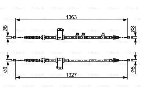 FORD Трос ручного гальма задн. (2 шт) 1363 мм + 1327 мм B-MAX 12-, FIESTA VI BOSCH 1987482453