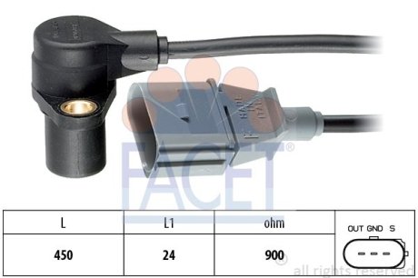 Датчик оборотов коленвала VW Golf, Passat B5/Audi A4,A6/Skoda Octavia 1.8-3.0 (96-10) FACET 9.0205