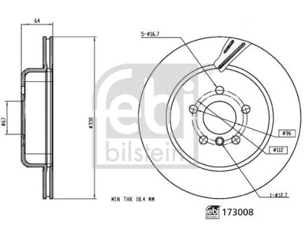 Диск тормозной (задний) BMW 5 (G30/F90)/7 (G11/G12) 15- (L) (330x20) (с покрытием) (вентилируемый) FEBI BILSTEIN 173008