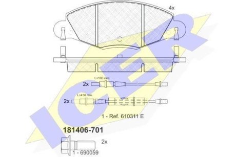 Колодки тормозные (передние) Citroen С5 01- (+датчики) ICER 181406-701