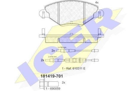 Колодки тормозные (передние) Citroen C5 01- (+датчики) ICER 181419-701