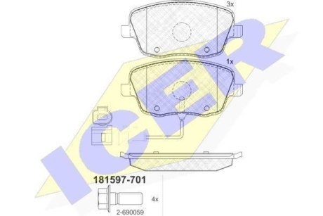 Колодки тормозные (передние) Seat Ibiza/VW Polo 01-09/Skoda Fabia 99-14/Roomster 06-15 (+датчик) ICER 181597-701