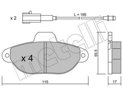 Колодки гальмівні Fiat 500 07-/Ford Ka 08- (+датчики L=195mm) Metelli 22-0159-3