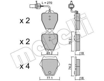 Колодки тормозные (передние) Audi A4 97-01/A6 97-05/Phaeton 02-08 (+датчики) Metelli 22-0774-1