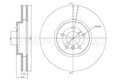 Диск тормозной (передний) BMW X5 (E70) 07-13/X6 (E71) 08-19 (365x36) (с покрытием) (вентилируемый) Metelli 23-1030C