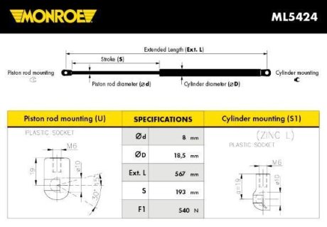 Демпфер дверей багажника MONROE ML5424