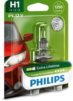 Автолампа H1 12V 55W P14,5s LongerLife Ecovision (1 шт. в блістері) PHILIPS 12258LLECOB1