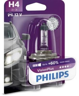 Автолампа H4 12V 60/55W P43t-38 VisionPlus +60% (1 шт. в блістері) PHILIPS 12342VPB1