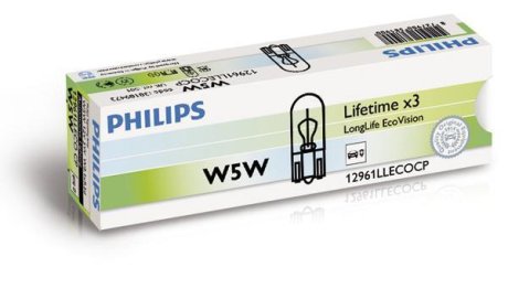 Лампа розжарювання W5W 12V 5WW2,1X9,5d LongerLife EcoVision (вир-во) PHILIPS 12961LLECOCP (фото 1)