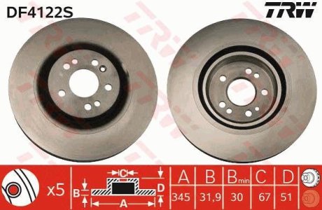 Диск тормозной MERCEDES ML(163) "F D=345mm "00-05 TRW DF4222S