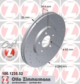 Диск тормозной (передний) Skoda Fabia/Octavia/VW Golf IV 96- (288x25)(с покрытием) (отверстиями/вент ZIMMERMANN 100.1235.52