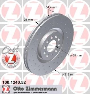 Диск гальмівний (передній) Audi A3 99-/VW Golf IV 97-05/Polo 02-09 (312x25) (з покр)(з отвор)(вент) ZIMMERMANN 100.1240.52