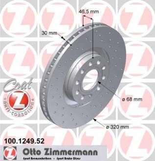 Диск тормозной (передний) Audi A4/A6 97-08 (320x30) (с покрытием) (с отверстиями) (вент.) ZIMMERMANN 100.1249.52