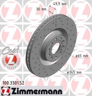 Диск гальмівний (передній) Skoda Superb II 08-15/VW Passat/Golf 05-16(345x30)(з покр) (з отверс/вент) ZIMMERMANN 100.3301.52