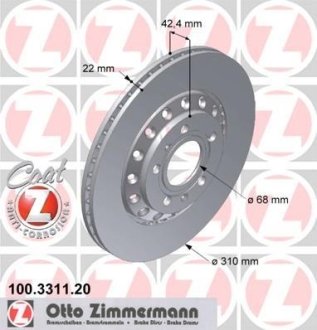 Диск тормозной (задний) Audi A8/VW Phaeton 03-16 (310x22) (с покрытием) (вентилируемый) ZIMMERMANN 100.3311.20