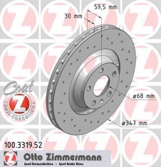 Диск тормозной (передний) Audi A6 04-11 (347х30) (с покрытием) (с отверстиями) (вент.) ZIMMERMANN 100.3319.52