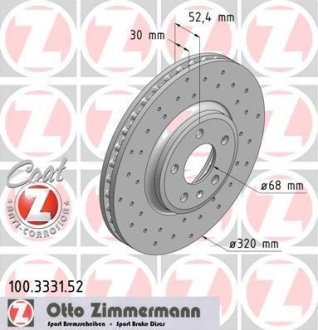 Диск тормозной (передний) Audi A4/A5/Q5 07-17 (320x30) (с покрытием) (с отверстиями) (вентилируемый) ZIMMERMANN 100.3331.52