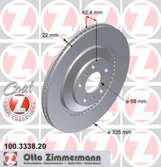 Диск тормозной (задний) Audi A8 03-10/VW Phaeton 04-16 (335x22) (с покрытием) (вентилируемый) ZIMMERMANN 100.3338.20 (фото 1)