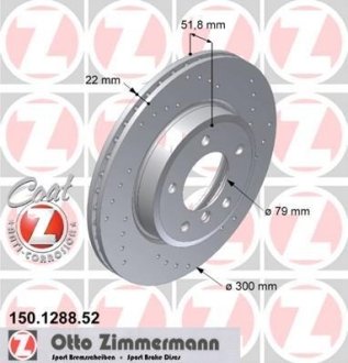 Диск тормозной (передний) BMW 3 (E46) (300x22) (с покрытием) (с отверстиями) (вент.) ZIMMERMANN 150.1288.52