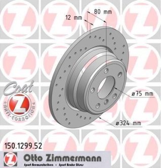 Диск гальмівний (задній) BMW X5 (E53) 3.0-4.4i 00-06 (324x12) (з покриттям) (з отворами) (повний) ZIMMERMANN 150.1299.52