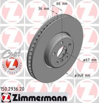 Диск тормозной (передний) BMW 5 (G30/F90)/7 (G11/G12) 15- (348x36) (L) (с покрытием) (вент) ZIMMERMANN 150293620