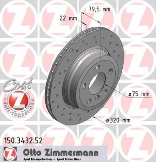 Диск тормозной (задний) BMW X3 (E83) 03-11 (320x22) (с покрытием) (с отверстиями) (вентилируемый) ZIMMERMANN 150.3432.52 (фото 1)