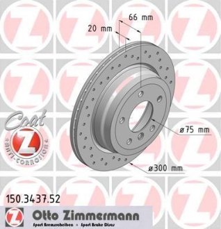 Диск тормозной (задний) BMW 1 (E81/E87)/3 (E90/E91/E92/E93) 03-13/X1 (E84) 09-15 (300x20) (с отверс) ZIMMERMANN 150.3437.52