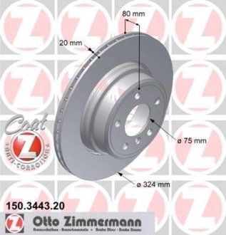 Диск тормозной (задний) BMW X5 (E53) 4.4-4.8 02-06 (324x20) (с покрытием) (вентилируемый) ZIMMERMANN 150344320