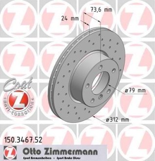 Диск тормозной (передний) BMW 3 (E90/E91/E93) 05-11/X1 (E84) 09-(312x24) (с покрыт) (с отвер) (вент) ZIMMERMANN 150.3467.52