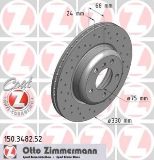 Диск тормозной (передний) BMW 5 (F10/F11) 10- (330x24) (с покрытием) (с отверстиями) (вентилируемый) ZIMMERMANN 150.3482.52