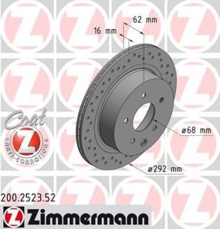 Диск тормозной (задний) Nissan Leaf 10-/Juke 14-/Qashqai 10-/X-Trail 01-13 (292x16) (с отвер)(вент) ZIMMERMANN 200.2523.52