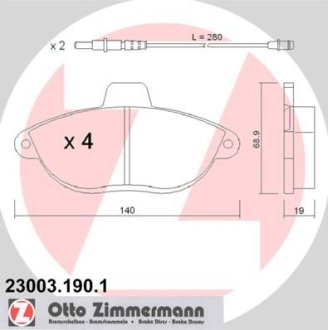 Колодки гальмівні (передні) Fiat Scudo/Peugeot Expert 96-(Bendix-Bosch)/(з датчиками) ZIMMERMANN 23003.190.1 (фото 1)