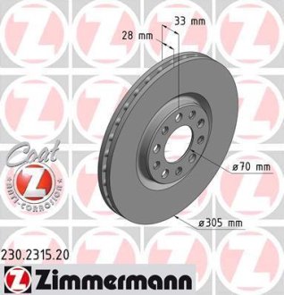 Диск тормозной (передний) Fiat 500X/Jeep Compass/Renegade 14- (305x28) ZIMMERMANN 230.2315.20