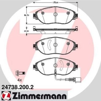 Колодки тормозные (передние) Audi A3/Skoda Octavia III/VW Passat/Golf 13- (TRW) (с датчиком) ZIMMERMANN 24738.200.2 (фото 1)