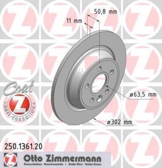 Диск гальмівний (задній) Ford Focus/Galaxy/Kuga/Mondeo 08-/Range Rover 11-(302x11) (з покриттям) ZIMMERMANN 250.1361.20