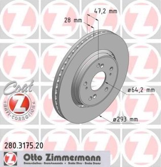 Диск тормозной (передний) Honda CR-V III-IV 2.0-2.2D-2.4 07- (293x28) (с покрытием) (вентилируемый) ZIMMERMANN 280.3175.20