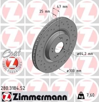 Диск тормозной (передний) Honda Civic/CR-V 2.0/2.2 CTDi 01- (300x25) (с покрытием) (вентилируемый) ZIMMERMANN 280.3184.52