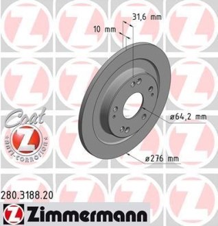 Диск гальмівний (задній) Honda Civic IX 12-16 (276x10) ZIMMERMANN 280.3188.20