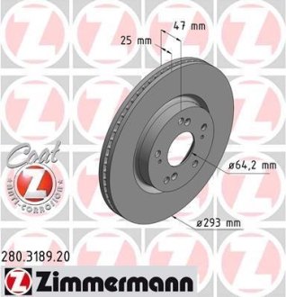 Диск тормозной (передний) Honda Civic IX R16 (293x25) (с покрытием) (вент) ZIMMERMANN 280.3189.20