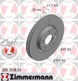 Диск тормозной (передний) Hyundai Sonata V 05-10/ i40/Kia Sportage 10- (300x28) ZIMMERMANN 285.3518.20