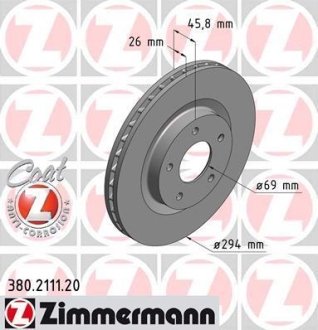 Диск тормозной (передний) Citroen C4/ Peugeot 4008 12- (294x26) (с покрытием) (вентил.) ZIMMERMANN 380.2111.20