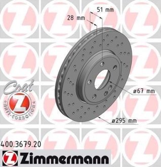 Диск тормозной (передний) MB A-class (W176)/B-class (W246/W242) 11- (295x28)(с покр)(вент)(с отверс) ZIMMERMANN 400.3679.20