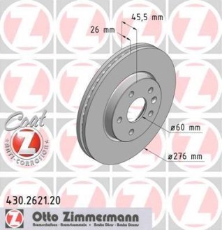 Диск тормозной (передний) Opel Astra J 09- (276x26) (с покрытием) (вентилируемый) ZIMMERMANN 430262120