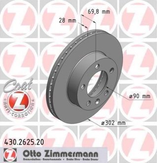 Диск тормозной (передний) Renault Master 10- (302x28) (с покрытием) (вентил.) ZIMMERMANN 430.2625.20