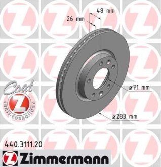 Диск тормозной (передний) Peugeot 407 04-10/Opel Combo 18- /508 10-18 (283x26) (с покр.) (вентилир.) ZIMMERMANN 440311120