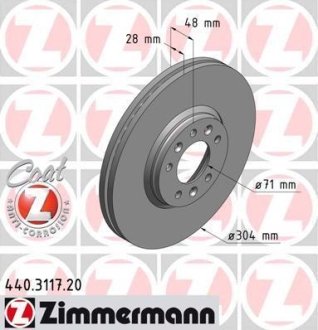 Диск тормозной (передний) Fiat Scudo/Citroen Jumpy/C5 II/III/Peugeot 407 07- (304x28) (с покр)(вент) ZIMMERMANN 440311720