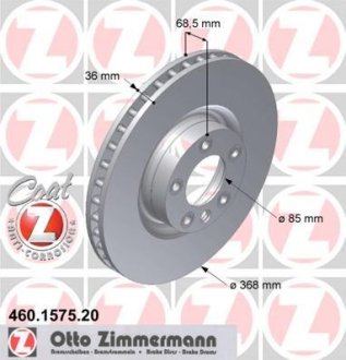 Диск тормозной (передний) Porsche Cayenne/VW Touareg 03-10 (368x36) (с покрытием) (вентилируемый) ZIMMERMANN 460.1575.20