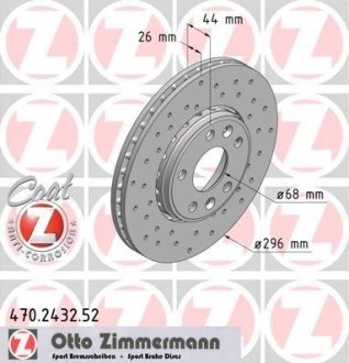 Диск тормозной (передний) Renault Megane III/Scenic III/Laguna III 07- (296x26) (с отверст) (вентил) ZIMMERMANN 470.2432.52