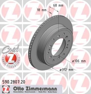 Диск тормозной (задний) Toyota Land Cruiser 96-02 (312x18) (с покрытием) (вентилируемый) ZIMMERMANN 590.2807.20